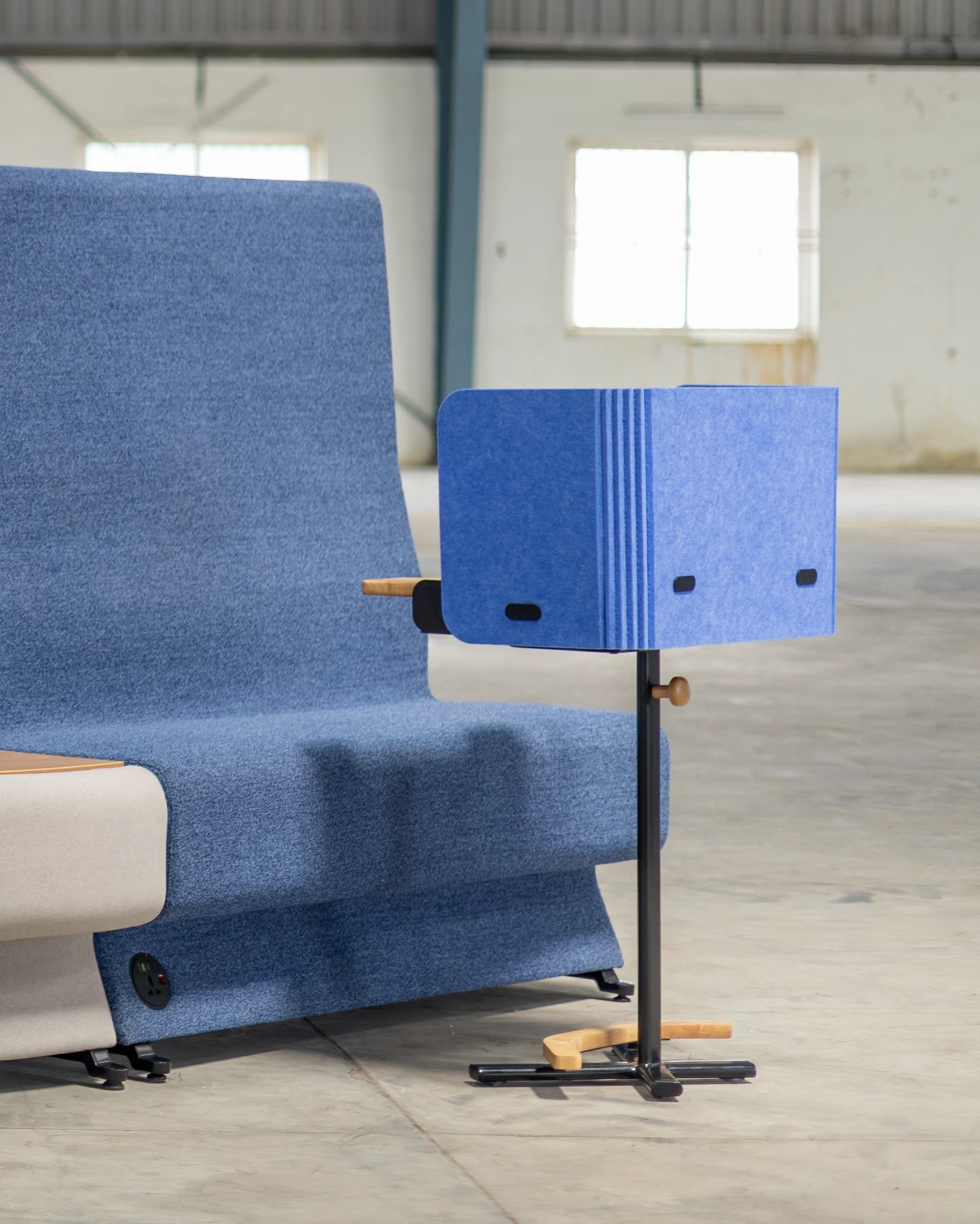 Attuny mono smart personal workstation with blue acoustic privacy hood and mobile base