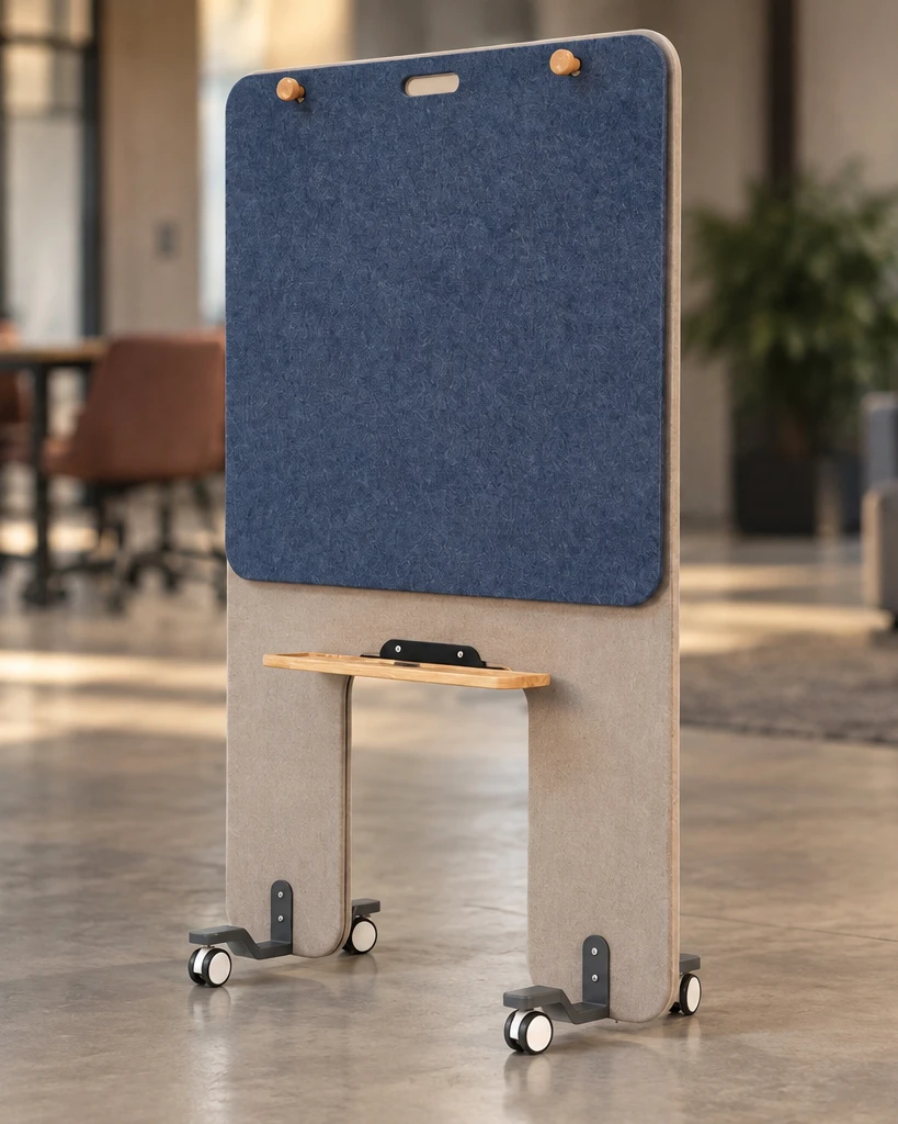 Attuny screen elegant full height mobile whiteboard and pinboard in daylight office