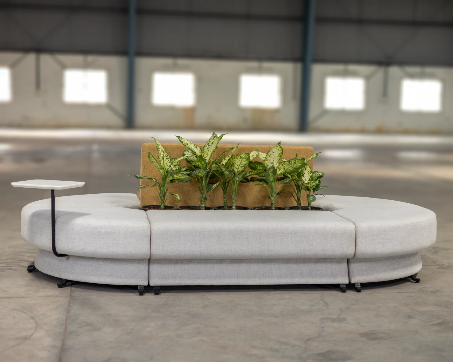 Attuny sync curved modular bench with biophilic planter partition and worktable
