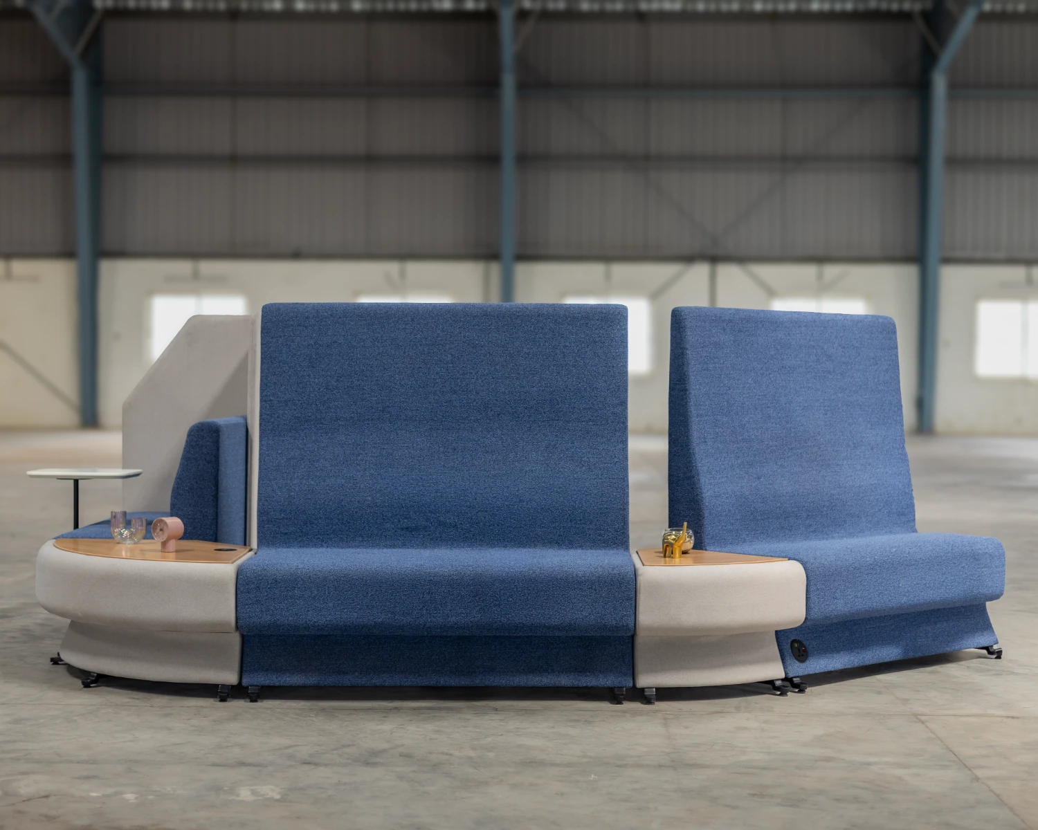 Attuny sync blue modular high-back acoustic lounge with wooden side tables
