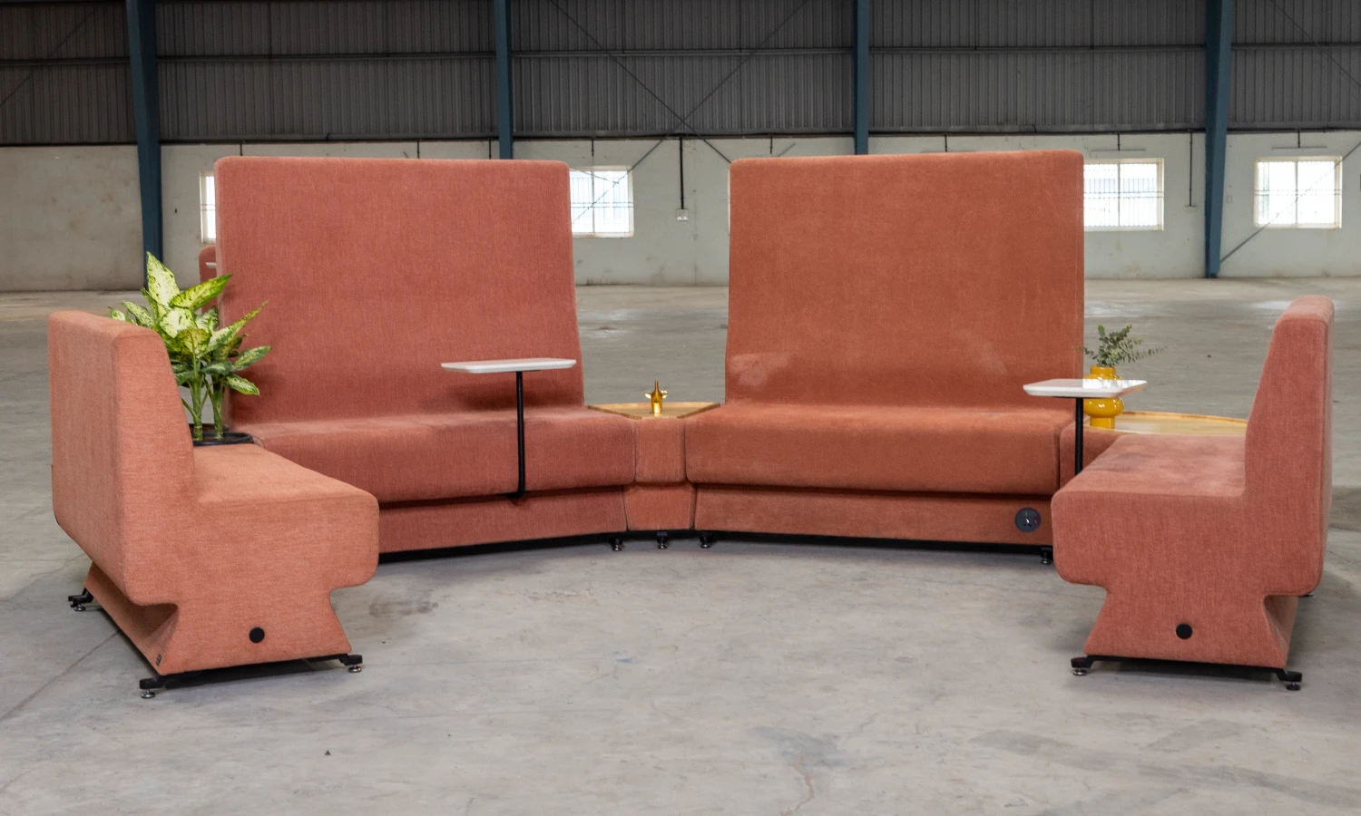 Attuny sync curved high-back collaborative lounge configuration with swivel tables